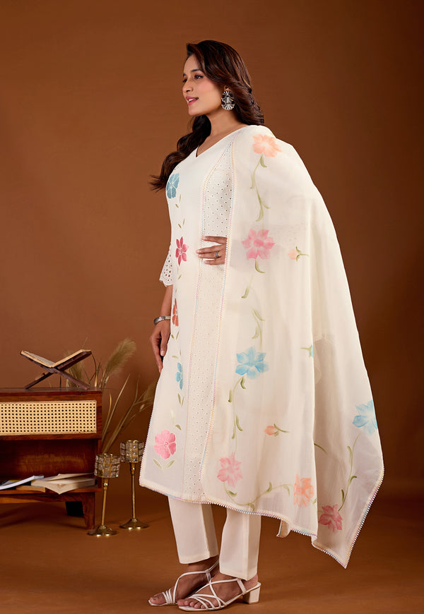 Women Floral Embroidered Regular Pure Cotton Kurta with Trousers & With Dupatta-KS-351