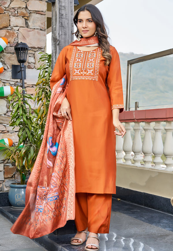 Women Floral Embroidered Empire Thread Work Roman Slik Kurta Pant With Dupatta-KS-256