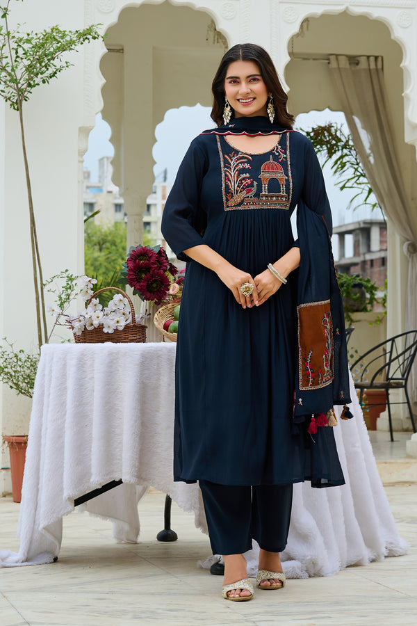 Women Ethnic Motifs Embroidered Empire Thread Work Chanderi Cotton Kurta with Trousers & With Dupatta-IV-1126