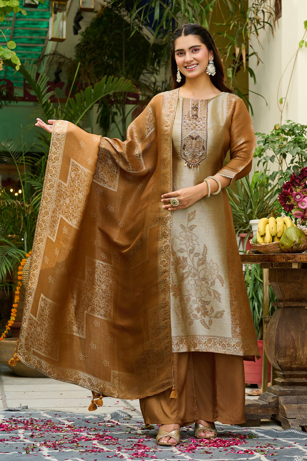 Golden Aura Embroidered Ethnic Kurta Set with Designer Dupatta-IV-1112