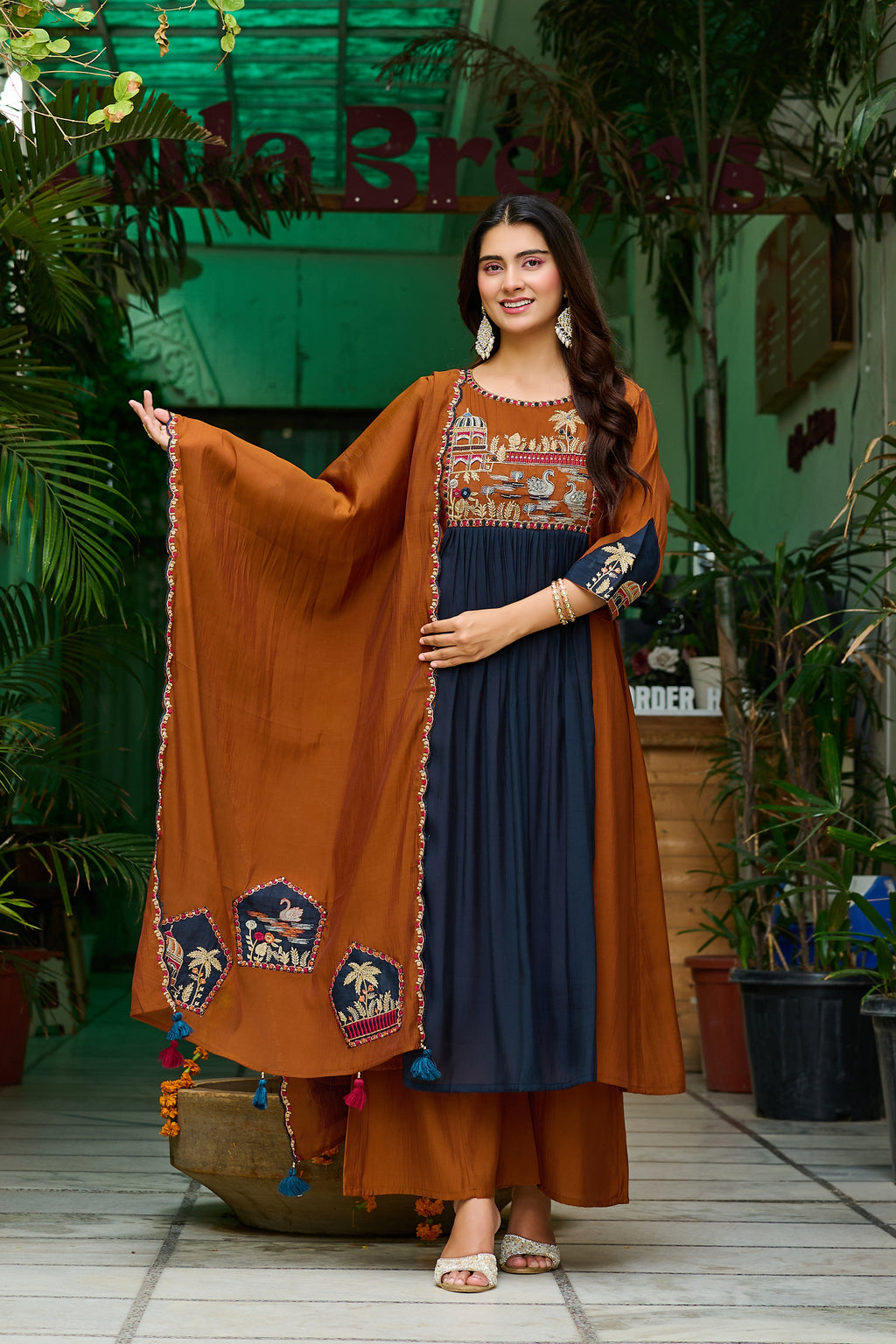 Women Ethnic Motifs Embroidered Empire Thread Work Chanderi Cotton Kurta with Trousers & With Dupatta-IV-1106