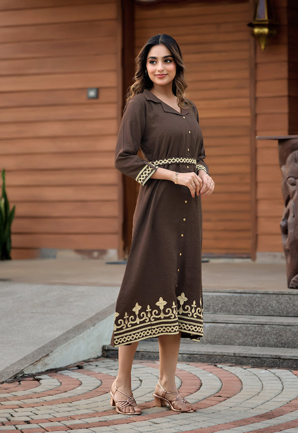 Women’s Chocolate Brown Embroidered Shirt Collar Western Dress