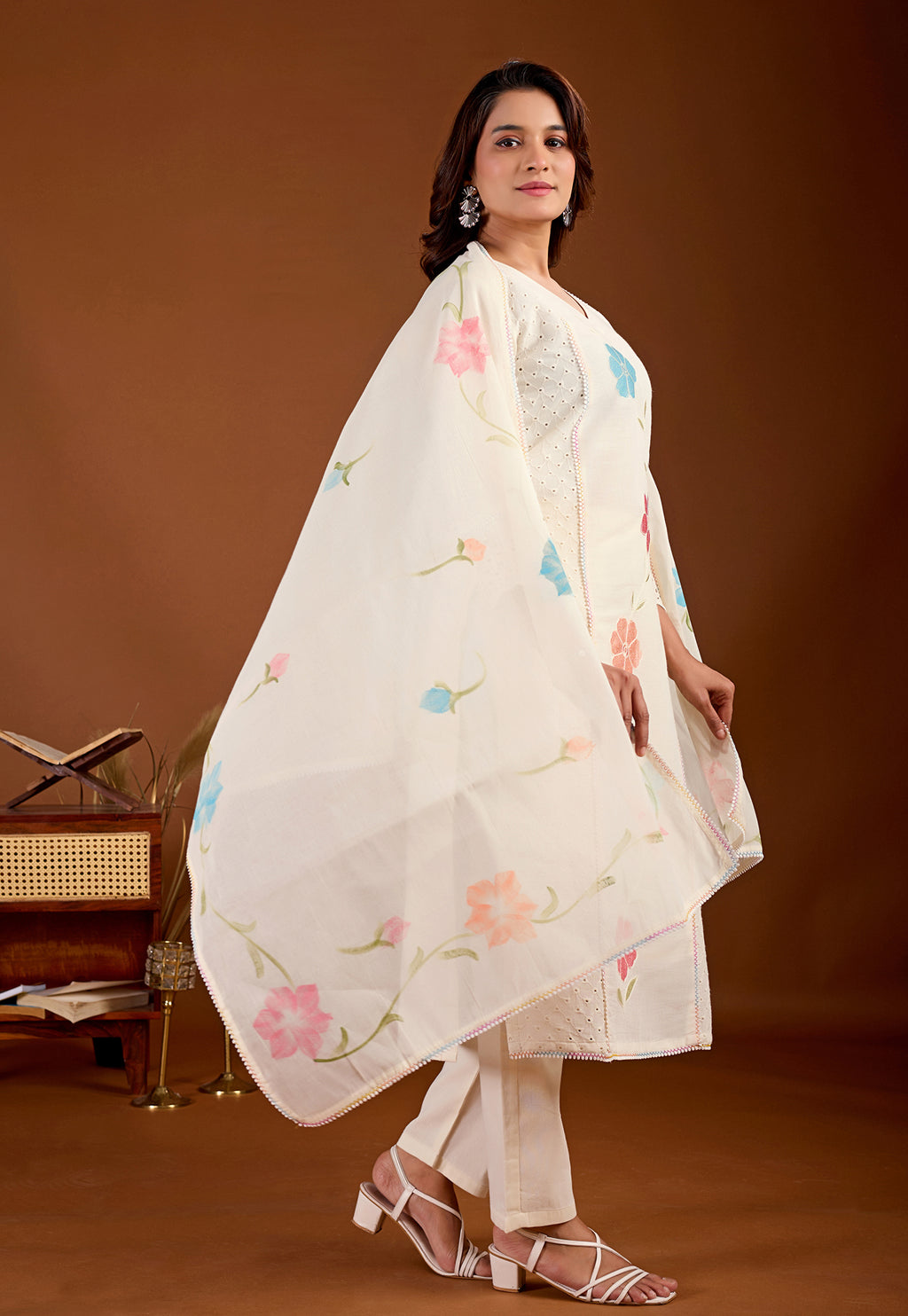 Women Floral Embroidered Regular Pure Cotton Kurta with Trousers & With Dupatta-KS-351