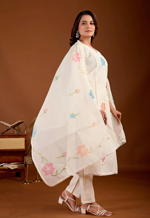 Women Floral Embroidered Regular Pure Cotton Kurta with Trousers & With Dupatta-KS-351