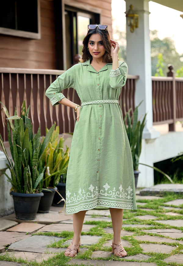 Women’s Pastel Green Embroidered Shirt Collar A-Line Dress