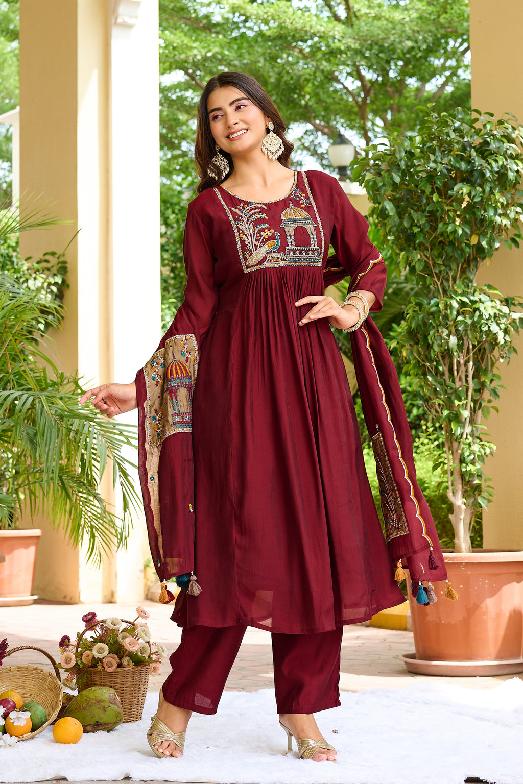 Women Ethnic Motifs Embroidered Empire Thread Work Chanderi Cotton Kurta with Trousers & With Dupatta-IV-1124
