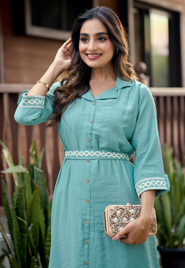 Women’s Aqua Blue Embroidered A-Line Dress with Shirt Collar & Waist Belt