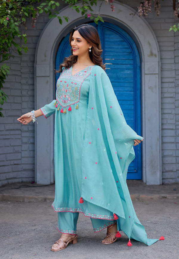Women Ethnic Motifs Thread Work Chanderi Cotton Kurta with Palazzos & Dupatta-IV-1036