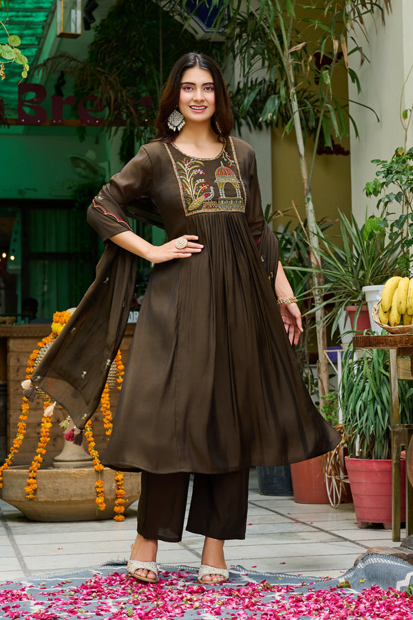 Women Ethnic Motifs Embroidered Empire Thread Work Chanderi Cotton Kurta with Trousers & With Dupatta-IV-1132