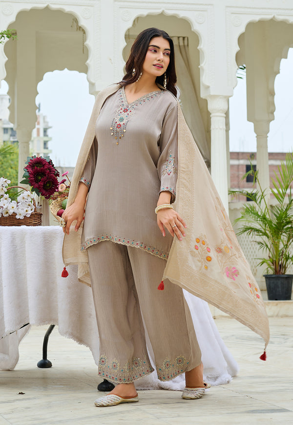 Women  Chiffon Silk Kurta Palazzo Set with Muslin Jacquard Dupatta-IV-1116