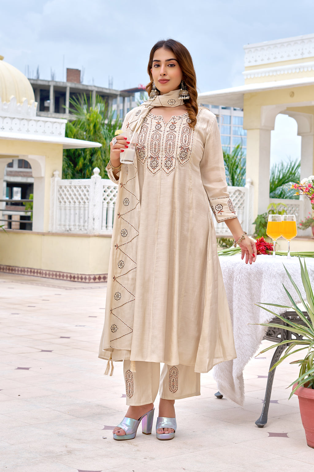 Women Floral Embroidered Empire Thread Work Chanderi Cotton Kurta with Trousers & With Dupatta-KS-361