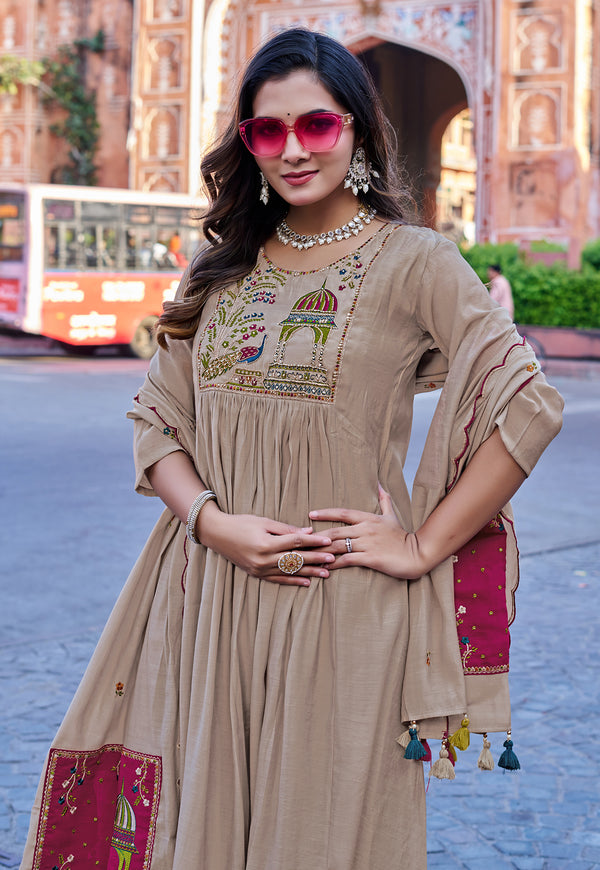 Women Ethnic Motifs Embroidered Empire Thread Work Chanderi Cotton Kurta with Trousers & With Dupatta-IV-1009