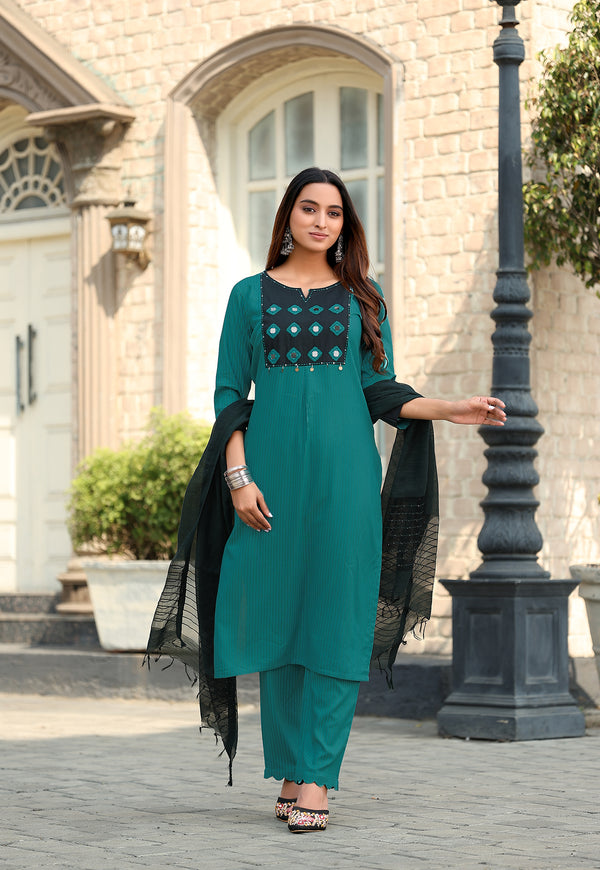 Women Rayon Print Straight Kurta With Pant And Dupatta Suit Set-RASHMIKA