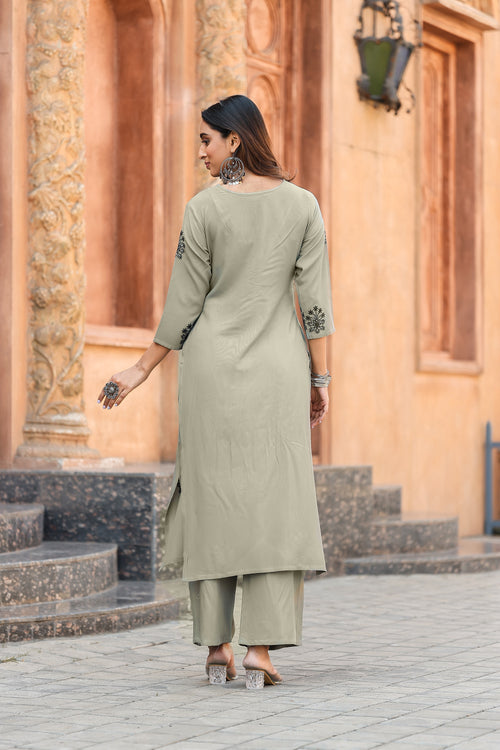 Floral Thread Work Straight Kurta with Palazzos-ALBELLA