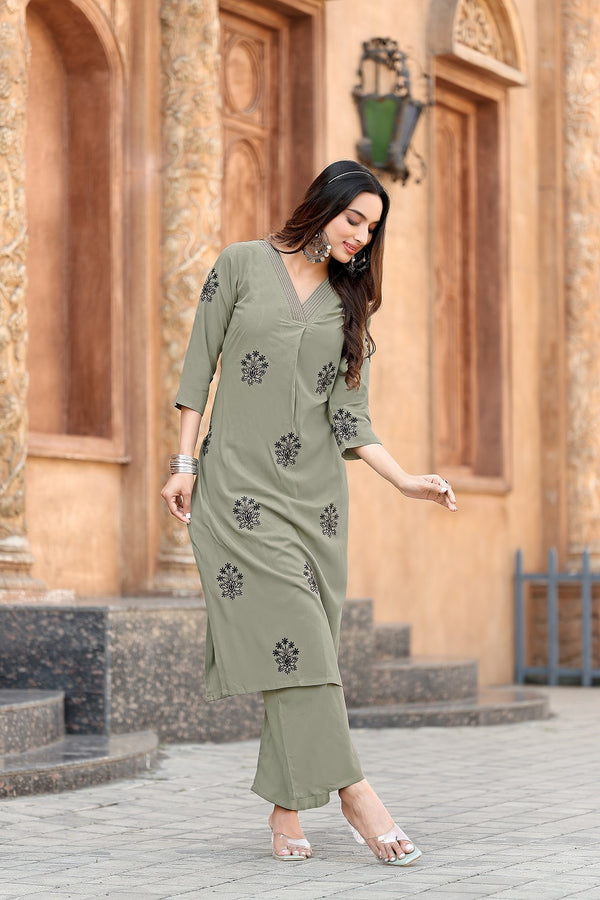 Floral Thread Work Straight Kurta with Palazzos-ALBELLA