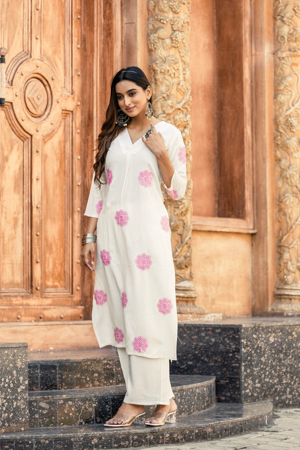 Floral Thread Work Straight Kurta with Palazzos-ALBELLA