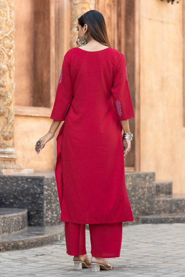 Floral Thread Work Straight Kurta with Palazzos-ALBELLA