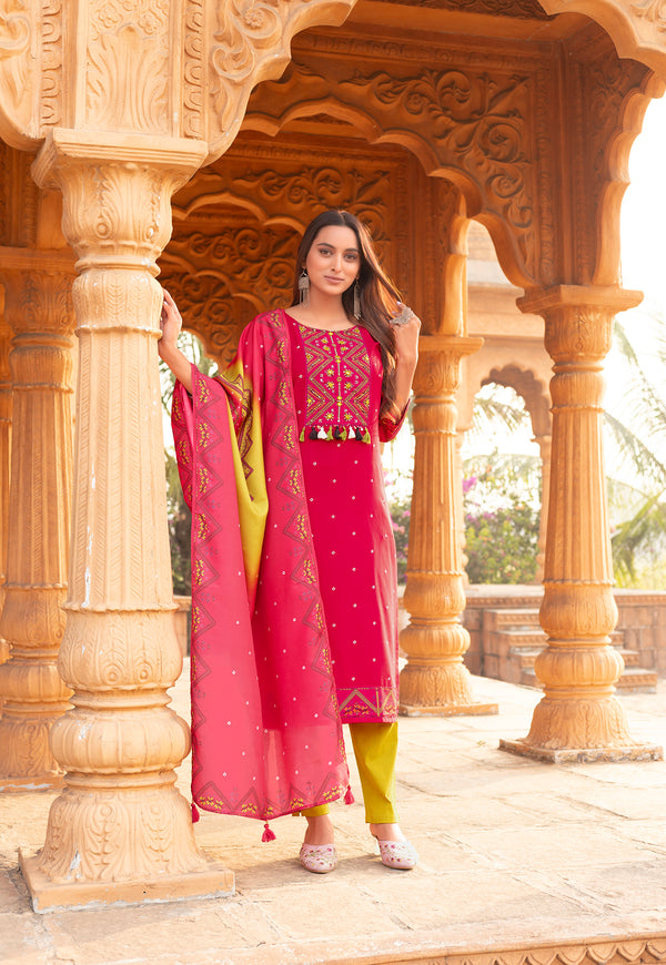 Women Kurta Heavy Rayon Hand work Kurta With Trousers & With Dupatta-COLOURDROP