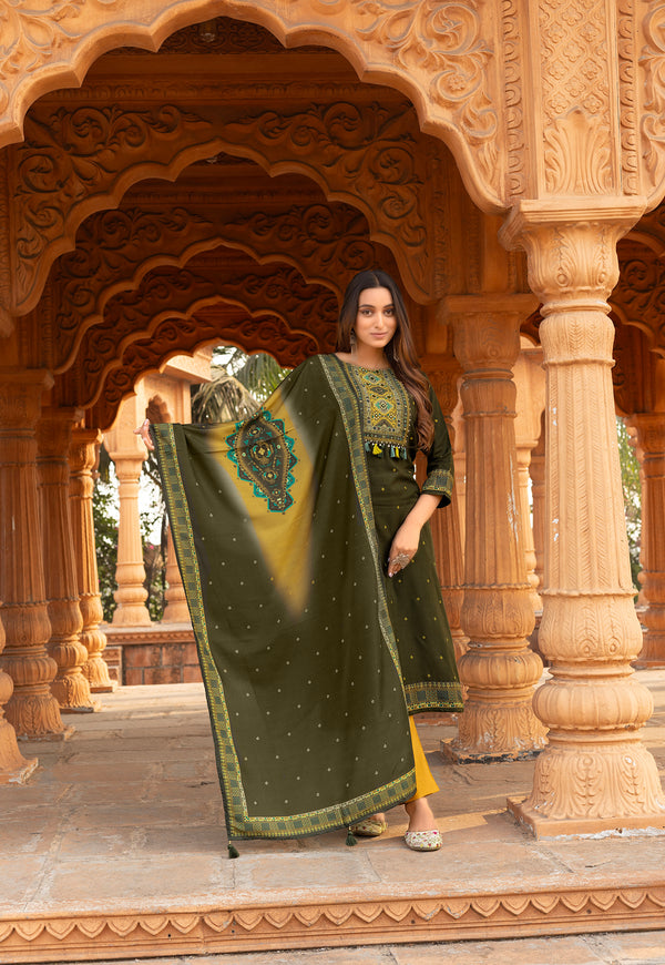 Women Kurta Heavy Rayon Hand work Kurta With Trousers & With Dupatta-COLOURDROP