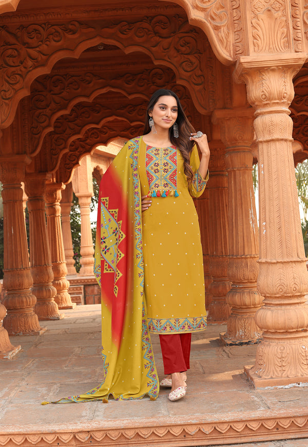 Women Kurta Heavy Rayon Hand work Kurta With Trousers & With Dupatta-COLOURDROP