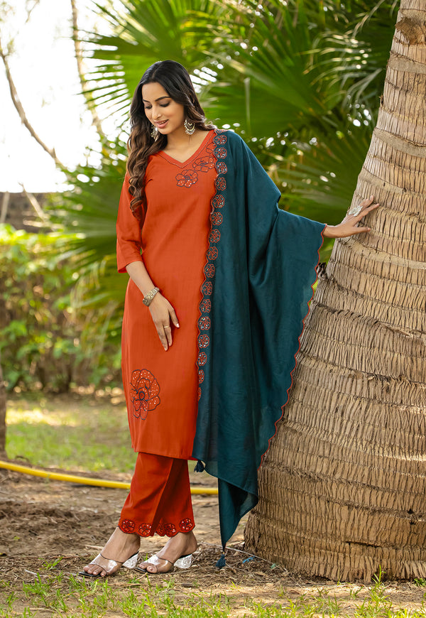 Women Thread & Hand work Viscose weaving Kurta With Trouser & Dupatta-ELITE