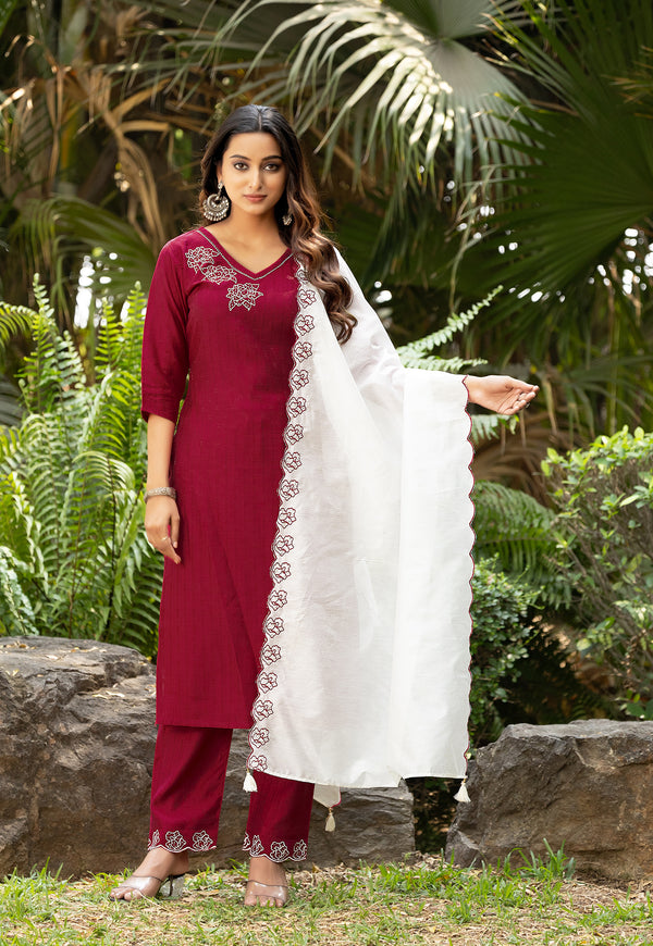 Women Thread & Hand work Viscose weaving Kurta With Trouser & Dupatta-ELITE