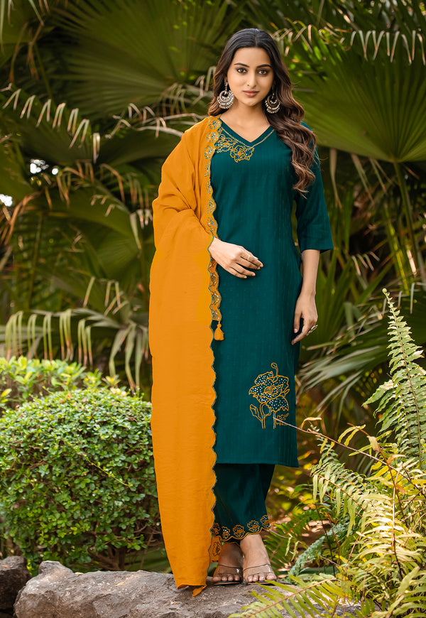 Women Thread & Hand work Viscose weaving Kurta With Trouser & Dupatta-ELITE
