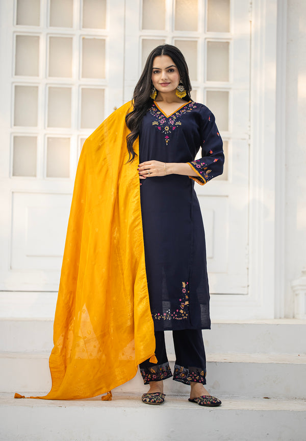 Women Viscos Silk Embroidered Straight Kurta With Pant And Dupatta Suit Set-8269