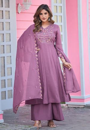 Floral Embroidered Thread Work Chanderi Silk Kurta with Palazzos & Dupatta, KS-193
