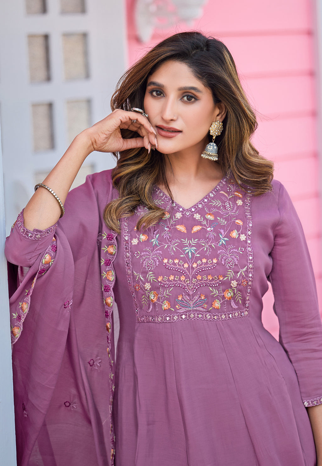 Floral Embroidered Thread Work Chanderi Silk Kurta with Palazzos & With Dupatta-KS-193