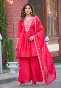 Women Ethnic Motifs Embroidered Tiered Thread Work Chanderi Silk Kurta with Palazzos & With Dupatta-ks-191