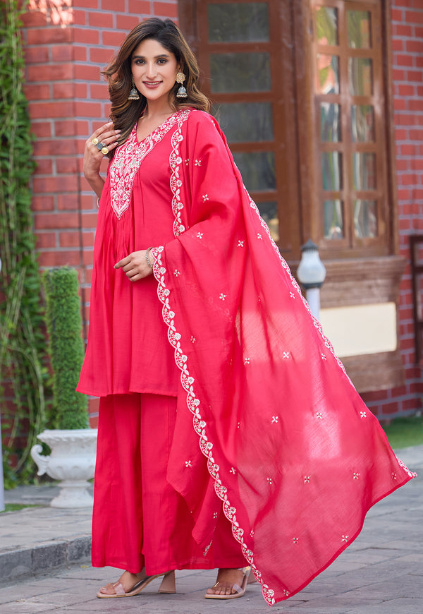 Women Ethnic Motifs Embroidered Tiered Thread Work Chanderi Silk Kurta with Palazzos & With Dupatta-ks-191