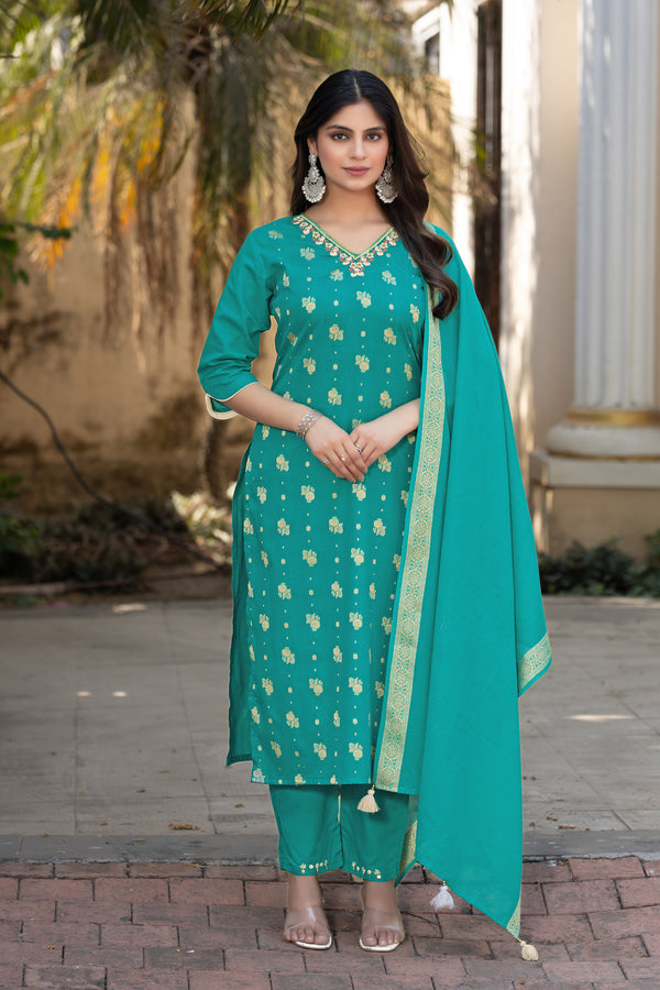 Women Cotton Jequrd Kurta With Trouser & Dupatta-HANSHIKA