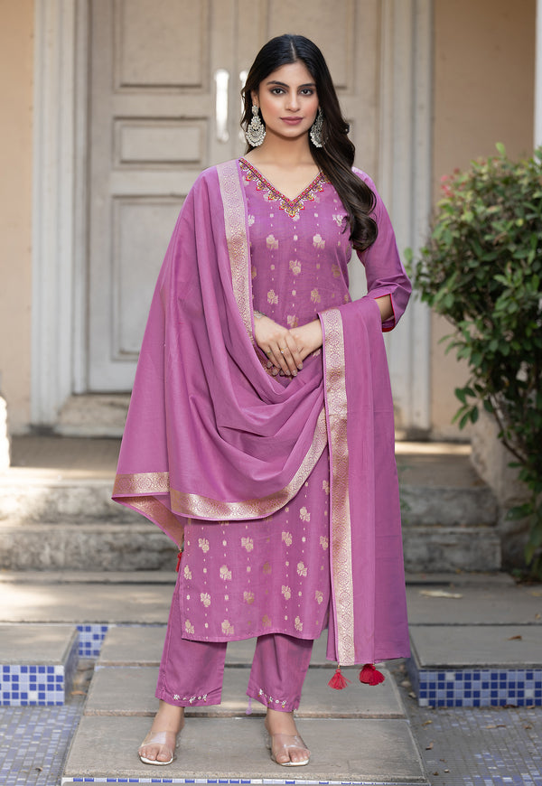 Women Cotton Jequrd Kurta With Trouser & Dupatta-HANSHIKA
