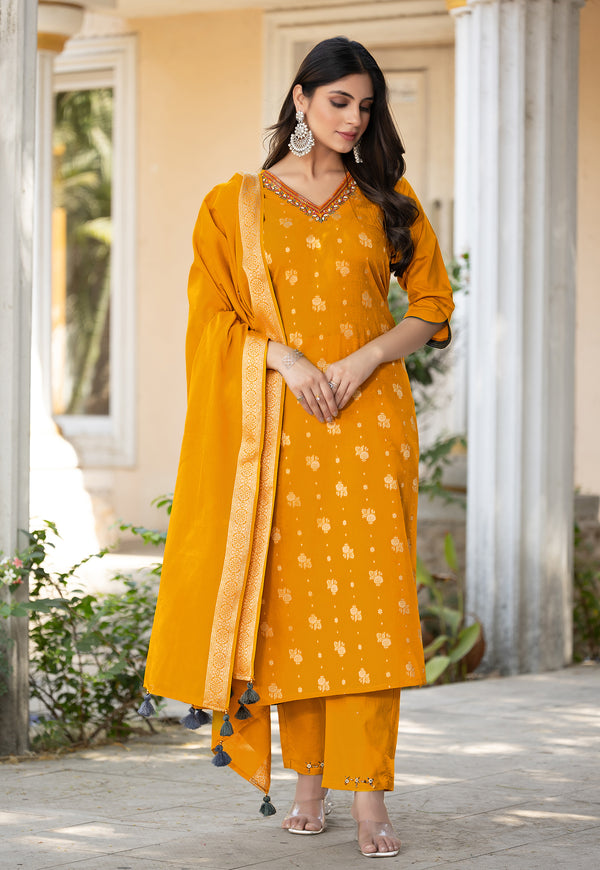 Women Cotton Jequrd Kurta With Trouser & Dupatta-HANSHIKA