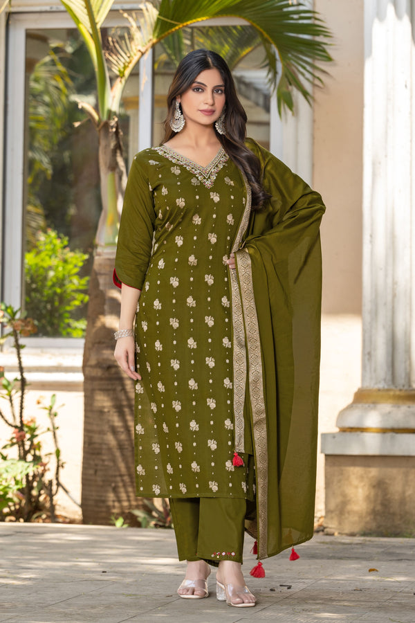 Women Cotton Jequrd Kurta With Trouser & Dupatta-HANSHIKA