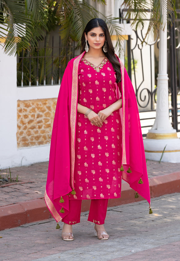 Women Cotton Jequrd Kurta With Trouser & Dupatta-HANSHIKA
