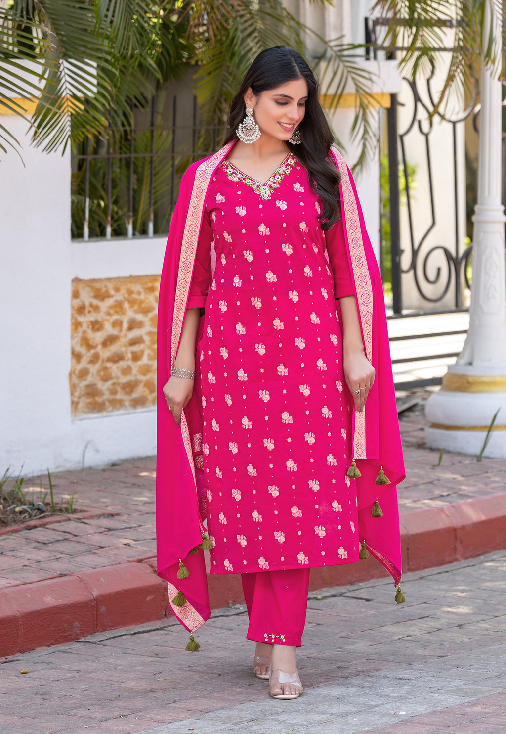 Women Cotton Jequrd Kurta With Trouser & Dupatta-HANSHIKA