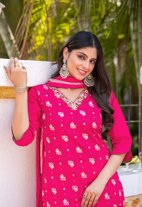 Women Cotton Jequrd Kurta With Trouser & Dupatta-HANSHIKA