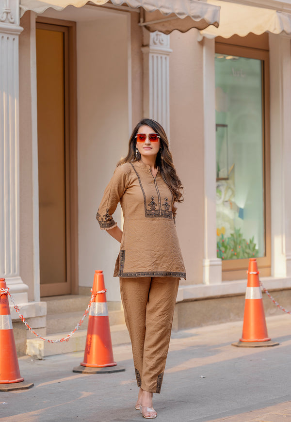 Printed Shirt Collar Top With Trousers Co-Ords-KORRA