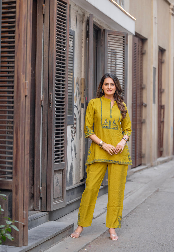 Printed Shirt Collar Top With Trousers Co-Ords-KORRA