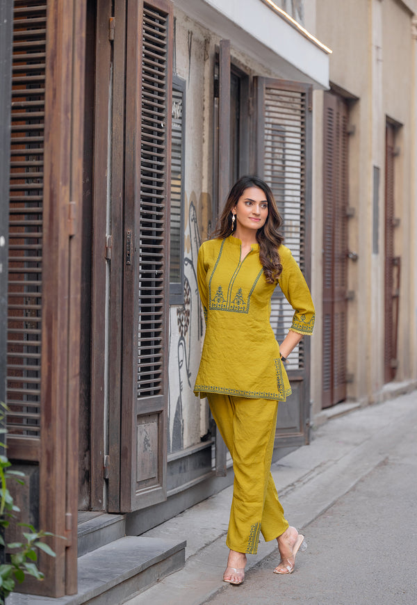 Printed Shirt Collar Top With Trousers Co-Ords-KORRA