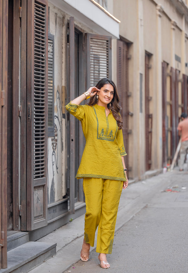 Printed Shirt Collar Top With Trousers Co-Ords-KORRA