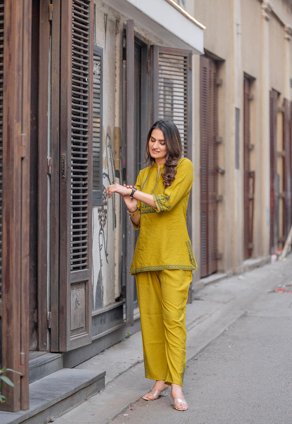 Printed Shirt Collar Top With Trousers Co-Ords-KORRA