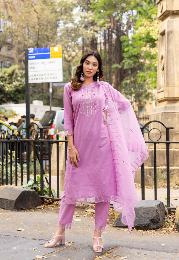 Women Floral Regular Pure Cotton Kurti with Trousers & With Dupatta-CL-8046