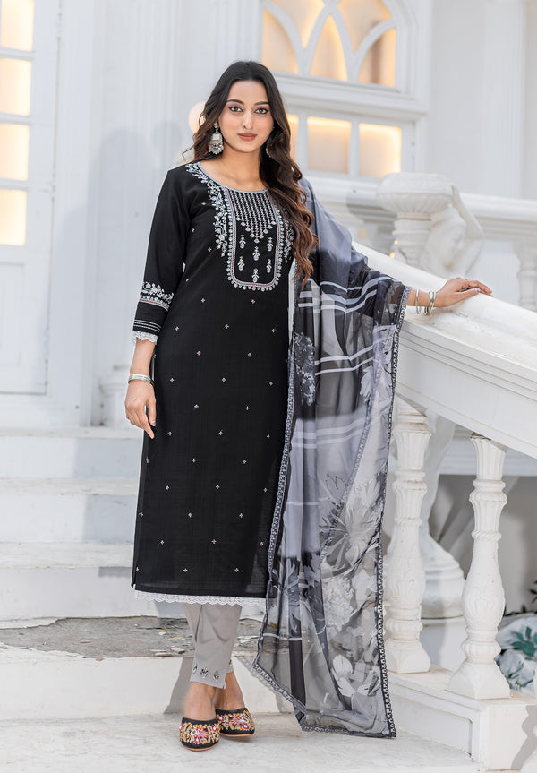 Women Modal Embroidery Straight Kurta With Pant And Dupatta Suit Set-NIRVEE