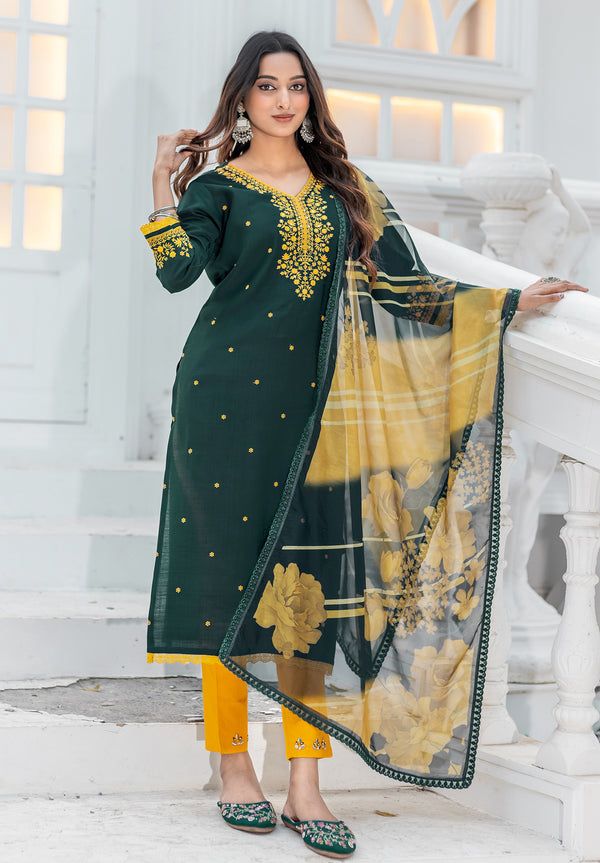 Women Modal Embroidery Straight Kurta With Pant And Dupatta Suit Set-NIRVEE