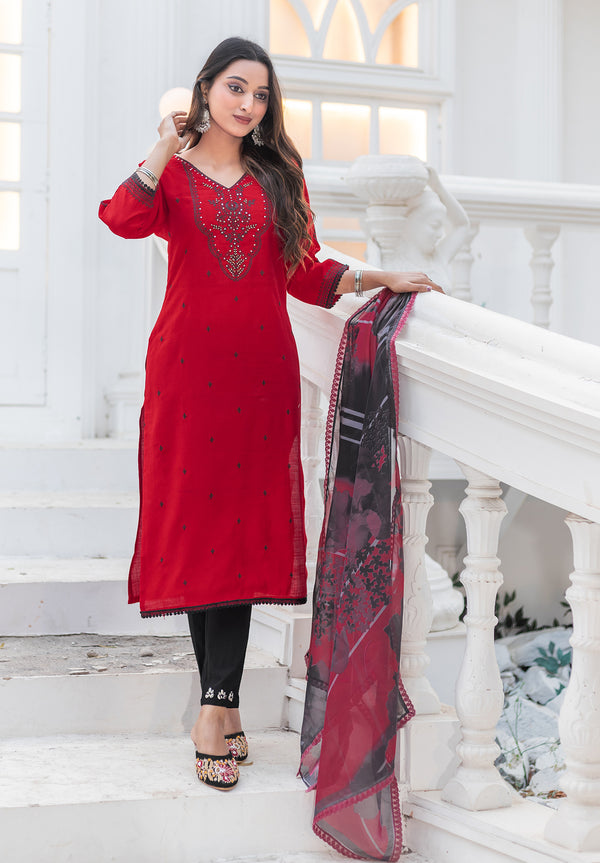 Women Modal Embroidery Straight Kurta With Pant And Dupatta Suit Set-NIRVEE