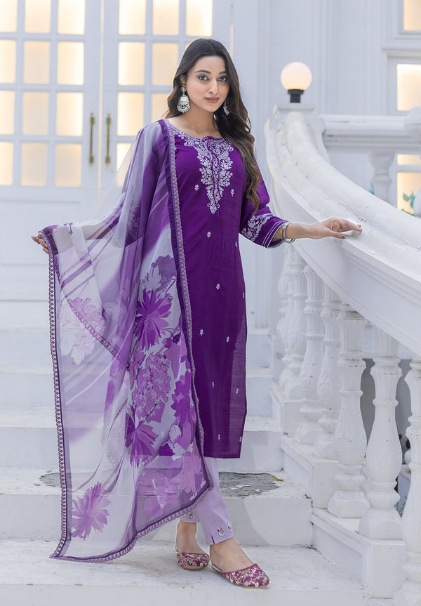 Women Modal Embroidery Straight Kurta With Pant And Dupatta Suit Set-NIRVEE