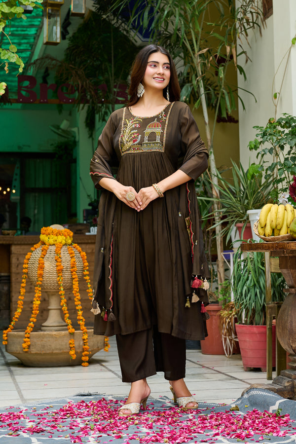Women Ethnic Motifs Embroidered Empire Thread Work Chanderi Cotton Kurta with Trousers & With Dupatta-IV-1132
